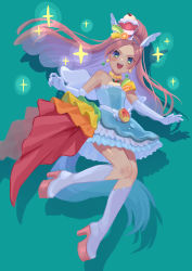 Rule 34 | + +, 1girl, :d, absurdres, aqua background, bare shoulders, blue dress, blue eyes, blue hairband, boots, cake hair ornament, commentary request, cure parfait, dress, elbow gloves, eyes visible through hair, floating hair, food, food-themed hair ornament, forehead, from side, fruit, full body, gem, gloves, gradient eyes, green eyes, hair ornament, hairband, hat ornament, high heel boots, high heels, highres, horse tail, ice cream, jewelry, kirahoshi ciel, kirakira precure a la mode, knee boots, leg up, long hair, looking to the side, magical girl, melon, melon slice, multicolored eyes, necklace, open mouth, orange (fruit), orange slice, parfait, parted bangs, pearl (gemstone), pearl necklace, pegasus, pegasus wings, pineapple, pineapple slice, pink hair, pouch, precure, rainbow, round teeth, shadow, simple background, sleeveless, sleeveless dress, smile, solo, sparkle, strapless, strapless dress, tail, teeth, upper teeth only, white footwear, white gloves, wing hair ornament, zuzuko