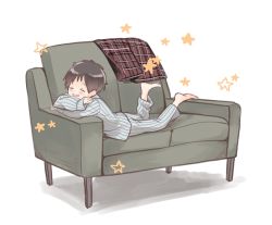 Rule 34 | 1boy, :d, barefoot, black hair, blanket, blouse, blue shirt, child, closed eyes, couch, highres, male focus, open mouth, original, pajamas, pants, piko (pixiv), plaid blanket, shirt, short hair, simple background, smile, solo, split mouth, striped clothes, striped pants, striped shirt, white background