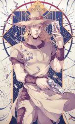 Rule 34 | 1boy, blonde hair, blue eyes, card, character name, cigarette, cowboy hat, crack, cracked wall, emperor (stand), finger on trigger, hat, hol horse, holding, holding card, jojo no kimyou na bouken, long hair, male focus, shell casing, smoking, solo, stand (jojo), tarot, tarot (medium), the emperor (tarot), wenny02, wristband