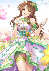 Rule 34 | 1girl, :d, bare shoulders, blush, brown eyes, brown hair, commentary request, detached sleeves, dress, flower, gluteal fold, green dress, hair flower, hair ornament, hair ribbon, highres, idolmaster, idolmaster cinderella girls, idolmaster cinderella girls starlight stage, bridal garter, long hair, looking at viewer, mk (mod0), no panties, open mouth, petals, ribbon, short sleeves, sleeveless, sleeveless dress, smile, solo, takamori aiko, thighs, two-tone dress, white dress, wrist cuffs
