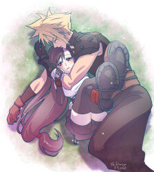Rule 34 | 1boy, 1girl, absurdres, arm pillow, armor, artist name, baggy pants, bandaged arm, bandages, bike shorts under skirt, black gloves, black hair, black pants, black skirt, black thighhighs, blonde hair, boots, bracelet, breasts, closed eyes, cloud strife, commentary request, couple, crop top, crossed legs, cuddling, dated, elbow gloves, feet out of frame, final fantasy, final fantasy vii, final fantasy vii remake, fingerless gloves, from above, gloves, grass, hand on another&#039;s arm, highres, jewelry, large breasts, legs up, light blush, long hair, low-tied long hair, lying, on back, on side, pants, parted lips, red eyes, red footwear, shikiwo, shoe soles, shoulder armor, skirt, sleeping, sleeveless, sleeveless turtleneck, spiked hair, sweater, swept bangs, tank top, thighhighs, tifa lockhart, turtleneck, turtleneck sweater, very long hair, white tank top