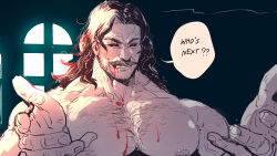 Rule 34 | 1boy, bara, beard, black hair, black sclera, blood, blood from mouth, blood on face, castlevania (series), character request, check character, check copyright, chest hair, collarbone, colored sclera, commentary, copyright request, dracula (castlevania), english commentary, english text, facial hair, fang, fang out, hands up, highres, large pectorals, long hair, looking at viewer, male focus, mustache, pectorals, portrait, red eyes, red hair, rybiok, solo, speech bubble, vampire, window