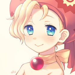 Rule 34 | 1girl, :&gt;, bad id, bad pixiv id, bare shoulders, blonde hair, blue eyes, blush, cabbie hat, closed mouth, collarbone, eyelashes, final fantasy, final fantasy vi, hair intakes, hat, kano hito, looking at viewer, portrait, red hat, relm arrowny, short hair, smile, solo, upper body