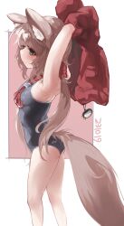 Rule 34 | 1girl, absurdres, animal ear fluff, animal ears, armpits, arms up, ass, breasts, brown eyes, brown hair, character request, clothes lift, fox girl, fox tail, from side, fromoutremer, highres, long hair, old school swimsuit, one-piece swimsuit, ponytail, red shirt, rimworld, school swimsuit, shirt, shirt lift, small breasts, smile, solo, swimsuit, swimsuit under clothes, tail, thighs, undressing