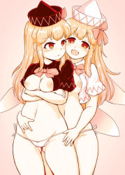 Rule 34 | 2girls, :/, :d, arms under breasts, behind another, black capelet, black headwear, blonde hair, blush, bow, bowtie, breasts, cameltoe, capelet, cleft of venus, closed mouth, contrapposto, cowboy shot, crossed arms, fairy wings, furrowed brow, gluteal fold, gradient background, hair bow, hat, highres, kaabon meshi, lily black, lily white, long hair, looking at another, medium breasts, multiple girls, navel, nipples, open mouth, panties, pink background, pink bow, pink neckwear, red eyes, selfcest, side-tie panties, smile, standing, touhou, underwear, white capelet, white headwear, white panties, wings, yuri