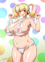 Rule 34 | 1girl, belly, bikini, blonde hair, blush, breasts, cameltoe, cleft of venus, covered erect nipples, cowboy shot, front-tie bikini top, front-tie top, halterneck, headphones, huge breasts, jewelry, joy ride, navel, necklace, nipples, nitroplus, open mouth, plump, red eyes, see-through, shiny skin, short hair, short twintails, side-tie bikini bottom, skindentation, smile, solo, string bikini, super pochaco, sweat, swimsuit, twintails, white bikini