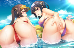 Rule 34 | 3girls, ahoge, alternate costume, anus, anus peek, ass, ass grab, azur lane, beach, bikini, black hair, blue sky, blush, breasts, brown hair, choker, cleft of venus, cloud, day, dutch angle, floatie, from behind, goggles, goggles on head, grabbing own ass, hair ornament, hair rings, hairband, hat, highres, inflatable raft, innertube, ipuu (el-ane koubou), large breasts, long hair, looking at viewer, looking back, md5 mismatch, medium breasts, mouth hold, multiple girls, ning hai (azur lane), ning hai (summer hunger) (azur lane), ocean, open mouth, outdoors, partially visible anus, partially visible vulva, ping hai (azur lane), ping hai (summer vacation) (azur lane), pink eyes, popsicle stick, purple bikini, purple eyes, pussy, pussy peek, red bikini, red eyes, resolution mismatch, revision, sky, source smaller, splashing, spread ass, sunlight, swim ring, swimsuit, take your pick, twintails, twisted torso, universal bulin (azur lane), visor cap, wading, wet