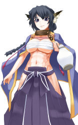 Rule 34 | 1girl, abs, animal ears, aquaplus, arm up, bandages, bandages around chest, bdsm, blue eyes, blue hair, blue hakama, braid, breasts, chain, chest sarashi, cleavage, cleavage cutout, closed mouth, clothing cutout, coat, coat on shoulders, collar, crop top, eyelashes, gradient eyes, gradient hair, hakama, hakama skirt, highres, holding, holding jug, japanese clothes, jug (bottle), karulau, large breasts, lips, long hair, looking at viewer, midriff, moving.pierrot, multicolored eyes, multicolored hair, muscular, muscular female, muscular legs, nose, sarashi, sidelocks, single braid, skirt, slave, solo, standing, thighs, utawarerumono, variations