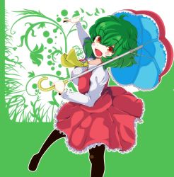 Rule 34 | 1girl, :d, ascot, black pantyhose, blush, collarbone, floral background, green hair, highres, holding, holding umbrella, kazami yuuka, long sleeves, looking at viewer, nabesin1, open mouth, outstretched arm, pantyhose, parasol, red eyes, red skirt, shirt, short hair, simple background, skirt, skirt set, smile, solo, touhou, umbrella, vest, white shirt