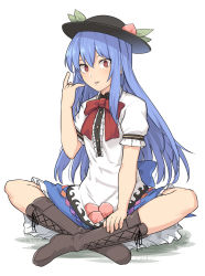 Rule 34 | 1girl, :p, \n/, black hat, blouse, blue hair, blue skirt, boots, bow, bowtie, brown footwear, buttons, food, frilled skirt, frills, fruit, full body, hat, hinanawi tenshi, leaf, long hair, looking at viewer, lotus position, peach, petticoat, puffy short sleeves, puffy sleeves, rainbow order, red bow, red bowtie, red eyes, shirt, shiseki hirame, short sleeves, simple background, sitting, skirt, solo, tongue, tongue out, touhou, white background, white shirt