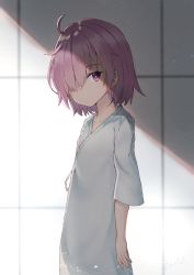Rule 34 | 1girl, aged down, ahoge, closed mouth, commentary request, expressionless, fate/grand order, fate (series), hair over one eye, highres, hospital gown, indoors, looking at viewer, mash kyrielight, pink hair, purple eyes, shadow, short hair, short sleeves, sidelocks, solo, tapioka (oekakitapioka), tareme