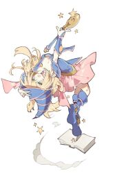 Rule 34 | 1girl, bare shoulders, blonde hair, blue footwear, blue hat, blush stickers, boots, breasts, choker, cleavage, dark magician girl, duel monster, green eyes, hair between eyes, hat, holding, holding wand, large breasts, long hair, open mouth, pentacle, solo, staff, starshadowmagician, wand, white background, wizard hat, yu-gi-oh!, yu-gi-oh! duel monsters