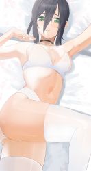 Rule 34 | 1girl, albi, armpits, arms up, ass, bad id, bad pixiv id, bare shoulders, black choker, black hair, bra, breasts, chainsaw man, choker, green eyes, hair between eyes, highres, looking at viewer, lying, medium breasts, navel, on back, panties, reze (chainsaw man), short hair, solo, stomach, thighhighs, underwear, underwear only, white bra, white panties, white thighhighs