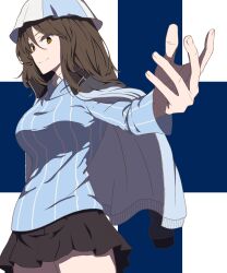 Rule 34 | 1girl, absurdres, blue hat, blue shirt, brown eyes, brown hair, closed mouth, commentary, cowboy shot, dress shirt, finnish flag, flag background, girls und panzer, grey skirt, hat, highres, jacket, jacket on shoulders, keizoku school uniform, long hair, long sleeves, looking at viewer, mika (girls und panzer), miniskirt, oritako, pleated skirt, reaching, reaching towards viewer, school uniform, shirt, skirt, smile, solo, standing, striped clothes, striped shirt, tulip hat, vertical-striped clothes, vertical-striped shirt, white shirt, wing collar