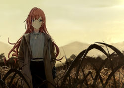 Rule 34 | 1girl, arisugawa natsuha, bag, belt, black eyes, brown coat, closed mouth, coat, commentary, english commentary, grass, grey belt, grey shirt, hands in pocket, hands in pockets, idolmaster, idolmaster shiny colors, long hair, long sleeves, open clothes, open coat, outdoors, red hair, sakeharasu, shirt, solo