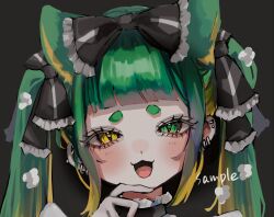 Rule 34 | 1girl, :3, animal ears, black bow, black ribbon, blunt bangs, bow, cat ears, cat girl, ear piercing, earrings, frilled bow, frilled ribbon, frills, green eyes, green hair, hair bow, hair ribbon, hand on own chin, heterochromia, highres, jewelry, long hair, looking at viewer, open mouth, original, piercing, portrait, ribbon, shiona (siona0625), short eyebrows, simple background, slit pupils, solo, straight-on, twintails, yellow eyes