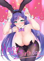 Rule 34 | 1girl, animal ears, bare shoulders, black leotard, blush, bow, bowtie, breasts, cleavage, commentary request, confetti, covered erect nipples, curvy, detached collar, fake animal ears, green eyes, happy birthday, huge breasts, katsura harufumi, leotard, long hair, looking at viewer, love live!, love live! school idol project, low twintails, pantyhose, playboy bunny, purple hair, rabbit ears, rabbit pose, shiny skin, solo, strapless, strapless leotard, tojo nozomi, twintails, wide hips, wrist cuffs