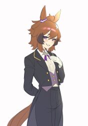 Rule 34 | 1girl, absurdres, ahoge, alternate costume, animal ears, arm behind back, black jacket, blush, brown hair, butler, collared shirt, cowboy shot, cross tie, female butler, flat chest, gloves, grin, hand on own chest, hand up, highres, horse ears, horse girl, horse tail, jacket, long sleeves, looking at viewer, ningen3333, open clothes, open jacket, purple eyes, purple vest, shinko windy (umamusume), shirt, short hair, simple background, smile, solo, standing, tail, tailcoat, umamusume, vest, white background, white gloves, white shirt