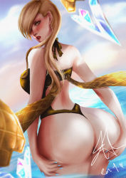 Rule 34 | 1girl, absurdres, alternate costume, ass, ass focus, ass grab, bikini, blonde hair, blush, breasts, earrings, evelynn (league of legends), female focus, grabbing own ass, highres, huge ass, jewelry, k/da evelynn-prestige edition, kuta, large breasts, league of legends, lipstick, looking at viewer, looking back, makeup, nail polish, parted lips, partially submerged, short hair with long locks, signature, sky, solo, swimsuit, teeth, traditional media, water, yellow eyes