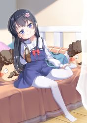 Rule 34 | 1girl, bed, black hair, blue dress, blue eyes, blurry, blurry background, blush stickers, brown footwear, closed mouth, commentary request, curtains, depth of field, dress, feet, flower, full body, hair flower, hair ornament, head tilt, higero (wataten), highres, holding, holding shoes, indoors, loafers, long hair, long sleeves, no shoes, on bed, pantyhose, pillow, pink flower, sailor collar, sailor dress, school uniform, shirosaki hana, shirt, shoes, unworn shoes, sitting, sleeveless, sleeveless dress, smile, solo, transparent, very long hair, watashi ni tenshi ga maiorita!, white pantyhose, white ph, white sailor collar, white shirt, wooden floor