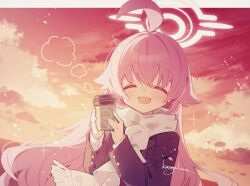 Rule 34 | 1girl, ^ ^, ahoge, artist name, black jacket, blue archive, blush, closed eyes, cloud, cloudy sky, commentary, cup, disposable cup, facing viewer, fang, hair between eyes, hair flaps, halo, hands up, holding, holding cup, hoshino (blue archive), huge ahoge, jacket, kasuga haruhi, light particles, long hair, long sleeves, open mouth, orange sky, outdoors, pink hair, pink halo, scarf, skin fang, sky, smile, solo, upper body, white scarf