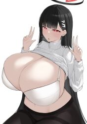 Rule 34 | 1girl, absurdres, alternate breast size, black hair, black pantyhose, blue archive, blush, bra, breasts, clothes lift, commentary request, double w, gigantic breasts, hair ornament, hairclip, heavy breathing, highres, long hair, navel, noe (ppppriver), pantyhose, red eyes, ribbed sweater, rio (blue archive), solo, sweater, sweater lift, thighband pantyhose, turtleneck, turtleneck sweater, underwear, w, white bra, white sweater