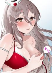Rule 34 | 1girl, absurdres, bikini, blush, breasts, brown eyes, cleavage, covering privates, covering breasts, gradient background, grey hair, hair between eyes, hat, highres, kantai collection, large breasts, long hair, nipples, open mouth, pola (kancolle), red bikini, simple background, solo, sweat, swimsuit, thick eyebrows, tongue, tongue out, toriniku senshi chikinman, untied bikini, upper body, wavy hair