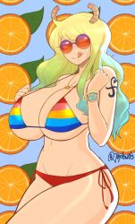 Rule 34 | 1girl, arm tattoo, bikini, bracelet, breasts, cleavage, female focus, gradient hair, green eyes, horns, huge breasts, jewelry, joylewds, kobayashi-san chi no maidragon, long hair, looking at viewer, lucoa (maidragon), multicolored hair, one eye closed, smile, solo, sunglasses, swimsuit, tattoo, tongue, tongue out