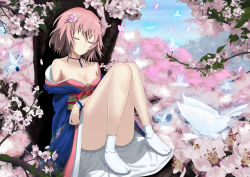 Rule 34 | 1girl, absurdres, bad id, bad pixiv id, bare shoulders, breasts, bug, butterfly, cherry blossoms, cleavage, closed eyes, female focus, flower, hair flower, hair ornament, highres, bug, japanese clothes, kimono, leo thasario, neck ribbon, obi, off shoulder, petals, pink hair, revision, ribbon, saigyouji yuyuko, sash, short hair, sleeping, solo, tabi, touhou, tree