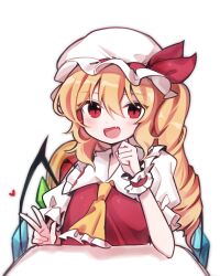 Rule 34 | 1girl, ascot, blonde hair, fang, flandre scarlet, hat, hat ribbon, heart, highres, open mouth, red eyes, red ribbon, ribbon, side ponytail, simple background, skin fang, solo, soooooook2, touhou, upper body, v, white background, white mob cap, wrist cuffs, yellow ascot