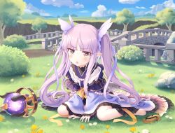 Rule 34 | 1girl, barefoot, blunt bangs, blush, bridge, bush, cementite, chestnut mouth, child, cloud, day, flower, full body, grass, hair ornament, kyoka (princess connect!), long hair, looking at viewer, mountain, mountainous horizon, outdoors, path, pointy ears, princess connect!, purple hair, road, rock, rose bush, sandals, unworn sandals, sidelocks, sitting, sky, solo, staff, tree, twintails, very long hair, wariza, wide sleeves, yellow eyes