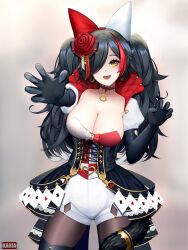 Rule 34 | 1girl, animal ears, artist name, black choker, black corset, black gloves, black hair, black pantyhose, blush, breasts, card, choker, claw pose, cleavage, corset, cross-laced clothes, cross-laced dress, ear covers, elbow gloves, flower, gloved sleeves, gloves, hair flower, hair ornament, hair over one eye, highres, hololive, jewelry, karia, lace, lace choker, large breasts, long hair, looking at viewer, multicolored hair, necklace, ookami mio, ookami mio (wonderland), pantyhose, pantyhose under shorts, playing card, playing card theme, queen (playing card), queen of hearts (playing card), shorts, smile, solo, streaked hair, tail, tail around own leg, tail crown, tail wrap, twintails, two-tone dress, underbust, virtual youtuber, wolf ears, wolf girl, wolf tail, yellow eyes