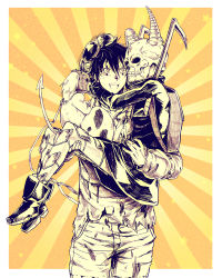 Rule 34 | 1boy, 1girl, :d, afterimage, animal, ankle boots, arm around neck, armor, backpack, bag, boots, broken horn, carrying, clothed animal, cowboy shot, creature, demon horns, demon tail, dokuga, dorohedoro, dress, ebisu (dorohedoro), facial mark, hair between eyes, hand on another&#039;s head, hand up, headpat, horns, kikurage (dorohedoro), leg armor, long sleeves, mask, monochrome, nabeniruu, open mouth, outside border, princess carry, ribbon, scythe, shirt, short dress, short hair, skull mask, smile, sunburst, tail, tongue, tongue out, torn clothes, torn shirt, turtleneck, weapon