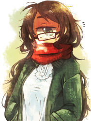 Rule 34 | + +, ^^^, 1girl, breath, brown-framed eyewear, brown hair, cyclops, glasses, green eyes, hands in pockets, jacket, long hair, looking at viewer, messy hair, muroku (aimichiyo0526), one-eyed, original, red scarf, scarf, simple background, solo, two-tone background, upper body, very long hair, white background, yellow background