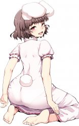 Rule 34 | 1girl, animal ears, arms at sides, ass, back, barefoot, blush, bright pupils, brown hair, clothing cutout, dress, feet, female focus, from behind, full body, highres, inaba tewi, looking at viewer, looking back, nanahi toshi, open mouth, panties, pantylines, rabbit ears, rabbit girl, rabbit tail, red eyes, ribbon-trimmed dress, see-through, short hair, simple background, sitting, smile, soles, solo, tail, tail through clothes, teeth, toes, touhou, underwear, upper teeth only, white background
