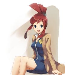 Rule 34 | 1girl, belted, belted dress, blue eyes, capcom, clasped dress, dress, formal, ghost trick, jacket, lynne (ghost trick), pencil skirt, ponytail, popped collar, red hair, sidelocks, sitting, skirt, skirt suit, solo, suit, tight clothes, tight dress, weee (raemz)