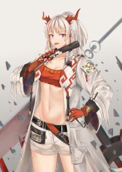 Rule 34 | 1girl, arknights, bandeau, bead bracelet, beads, belt, black belt, bracelet, braid, breasts, cleavage, coat, commentary, cowboy shot, grey background, hand on own hip, holding, horns, jewelry, k.f, long hair, long sleeves, looking at viewer, midriff, multicolored hair, navel, nian (arknights), open clothes, open coat, pointy ears, purple eyes, red hair, short shorts, shorts, silver hair, simple background, solo, standing, stomach, strapless, streaked hair, thighs, tongue, tube top, white coat, white shorts, wide sleeves