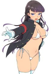 Rule 34 | 1girl, :o, armband, bikini, black hair, blunt bangs, braid, breasts, cameltoe, cleavage, covered erect nipples, eroe, fang, gloves, gradient hair, half updo, large breasts, long hair, multicolored hair, navel, open clothes, open mouth, open shirt, original, ouendan, outstretched arm, purple eyes, shirt, side-tie bikini bottom, side braid, simple background, solo, string bikini, swimsuit, teeth, thighhighs, v-shaped eyebrows, white background, white bikini, white gloves, white thighhighs