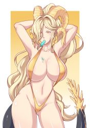 Rule 34 | 1girl, absurdres, armpits, arms behind head, arms up, bare shoulders, blonde hair, breasts, cleavage, collarbone, colored eyelashes, cowboy shot, dragon horns, dragon tail, eyes visible through hair, food, food on body, food on breasts, gluteal fold, gradient background, groin, high ponytail, highleg, highleg swimsuit, highres, horns, in mouth, kulve taroth, large breasts, lips, long hair, looking at viewer, monster hunter, monster hunter: world, monster hunter (series), navel, neck, o-ring, one-piece swimsuit, parted bangs, personification, pointy ears, ponytail, popsicle, revision, shiny clothes, shiny skin, signature, skindentation, slingshot swimsuit, smile, solo, stomach, swimsuit, tail, thigh gap, two-tone background, upswept hair, very long hair, wavy hair, white background, yamanata, yellow background, yellow eyes, yellow one-piece swimsuit