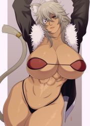 Rule 34 | 1girl, abs, animal ears, breasts, commentary request, curvy, dark skin, dark-skinned female, eyepatch, female focus, fur trim, ghislaine dedoldia, highres, jacket, large breasts, long hair, lunasanguinis, muscular, muscular female, mushoku tensei, navel, parted lips, red eyes, silver hair, solo, tail, thick thighs, thighs