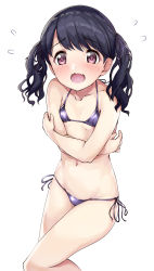1girl, absurdres, bare arms, bare shoulders, bikini, black hair, blush, breasts, collarbone, commentary request, crossed arms, feet out of frame, flying sweatdrops, fukumaru koito, hair ribbon, highres, idolmaster, idolmaster shiny colors, kuroba aki, long hair, micro bikini, navel, nose blush, open mouth, purple bikini, purple ribbon, ribbon, side-tie bikini, simple background, small breasts, solo, swimsuit, twintails, white background