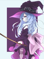 Rule 34 | 1girl, absurdres, back bow, blue hair, bow, crescent moon, eyes visible through hair, from behind, hat, hat belt, highres, holding, jipponwazaari, light blue hair, long hair, long sleeves, looking back, moon, original, pink bow, purple eyes, solo, witch, witch hat