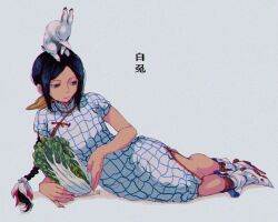 Rule 34 | 1girl, black hair, cabbage, china dress, chinese clothes, closed mouth, dress, highres, original, rabbit, solo, ttanne, white background