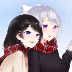Rule 34 | 13o, 2girls, black hair, black sweater, blue eyes, blush, bow, breasts, brown coat, cellphone, checkered clothes, checkered scarf, coat, hair bow, hair ornament, hairclip, highres, higuchi kaede, large breasts, leaning on person, multiple girls, nijisanji, open mouth, phone, purple eyes, red scarf, scarf, silver hair, simple background, snow, sweater, teeth, tsukino mito, virtual youtuber, white bow, winter clothes, yuri
