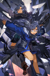 Rule 34 | 1girl, animal ears, arknights, black coat, black jacket, black scarf, blue dress, blue eyes, blue hair, blue jacket, blue nails, breasts, closed mouth, coat, commentary, dated, dress, dual persona, fang (arknights), fang (cruciata) (arknights), fur-trimmed jacket, fur trim, glasses, gloves, highres, horse ears, jacket, long hair, looking at viewer, medium breasts, nail polish, off shoulder, official alternate costume, open mouth, parted bangs, plaid, plaid scarf, polearm, scarf, semi-rimless eyewear, signature, smile, solo, spear, thighs, toujou bun, weapon, weapon bag, white gloves
