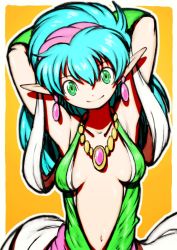 Rule 34 | 1girl, aqua hair, armpits, arms behind head, breasts, character request, cleavage, dress, green eyes, highres, looking at viewer, medium breasts, navel, open clothes, open dress, pointy ears, smile, solo, veil8801