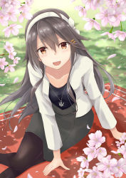 Rule 34 | 1girl, absurdres, anchor necklace, black hair, black pantyhose, brown eyes, casual, cherry blossoms, gensoukitan, hair ornament, hairband, hairclip, haruna (kancolle), highres, jacket, jewelry, kantai collection, long hair, mat, necklace, open mouth, outdoors, pantyhose, petals, solo, white jacket, wind