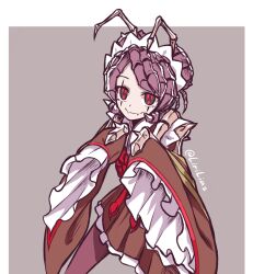 Rule 34 | 1girl, antennae, arthropod girl, artist name, border, brown kimono, closed mouth, commentary, double bun, english commentary, entoma vasilissa zeta, extra pupils, fangs, grey background, hair bun, hands up, highres, japanese clothes, kimono, lirilias, looking at viewer, maid, maid headdress, monster girl, overlord (maruyama), pantyhose, purple hair, purple pantyhose, red eyes, short hair, skin fangs, sleeves past wrists, smile, solo, white border