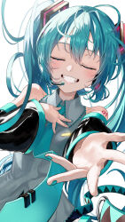 Rule 34 | 1girl, absurdres, aqua eyes, aqua hair, aqua nails, aqua necktie, arm tattoo, bare shoulders, black sleeves, collared shirt, commentary, detached sleeves, diamond-shaped pupils, diamond (shape), facing viewer, fingernails, grey shirt, grin, hair ornament, hand on own chest, hatsune miku, headset, highres, long hair, microphone, miku day, nail polish, necktie, number tattoo, outstretched arm, reaching, reaching towards viewer, shirt, simple background, sleeveless, sleeveless shirt, smile, solo, symbol-shaped pupils, tattoo, tatyaoekaki, teeth, tie clip, twintails, upper body, very long hair, vocaloid, white background