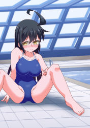 Rule 34 | 1girl, ahoge, alternate breast size, alternate costume, barefoot, black hair, blue one-piece swimsuit, blush, breasts, collarbone, competition school swimsuit, covered navel, embarrassed, indoors, kaede-gaeru, kantai collection, large breasts, long hair, looking at viewer, mikazuki (kancolle), one-piece swimsuit, pool, poolside, rei no pool, school swimsuit, sitting, smile, solo, swimsuit, tile floor, tiles, water, window, yellow eyes